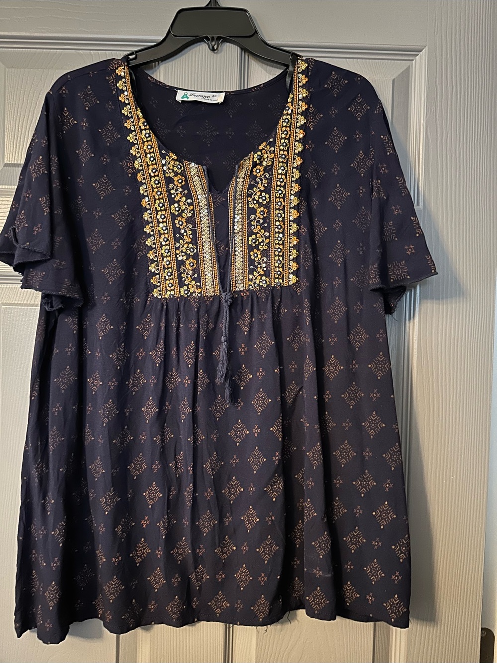 Embroidered Navy Tunic Top with Gold Accent - Womens